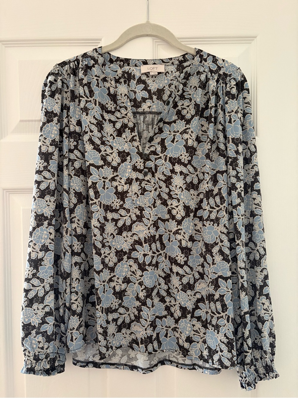 LOFT Black Floral Blouse with Light Blue & White Print
